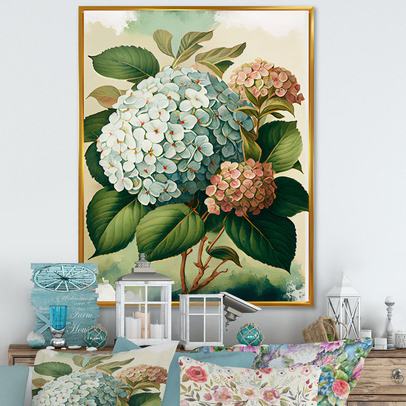 Hydrangena bleu rétro II - art mural floral, H 32 po x l 24 po x P 1 po, Toile avec cadre flottant or