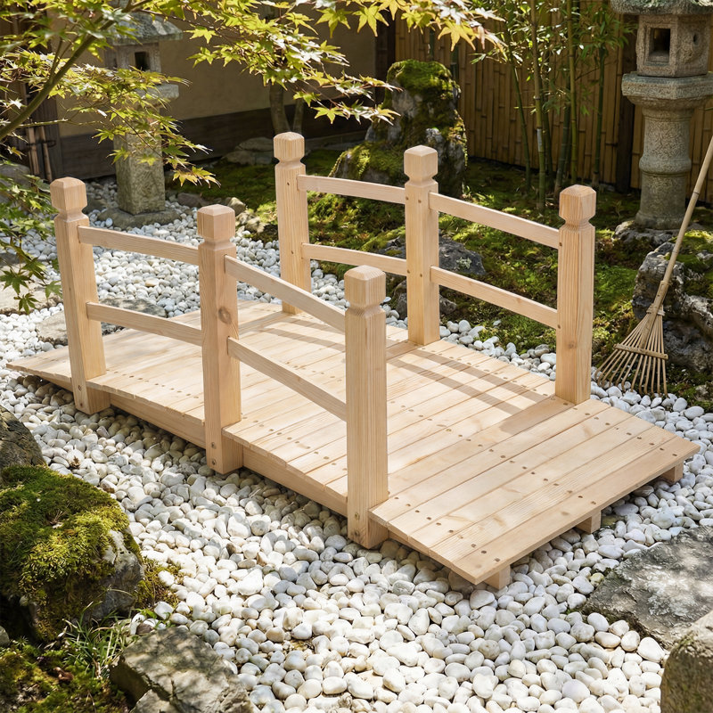 1.5M Garden Bridge Wooden Decorative Pond Bridges W/ Safety Railings, Yellow