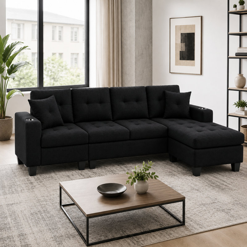 Canapé modulaire droit MEGA avec repose-pieds, canapé d'angle convertible avec rangement pour accoudoirs, canapé modulaire pour salon et appartement, méridienne droite