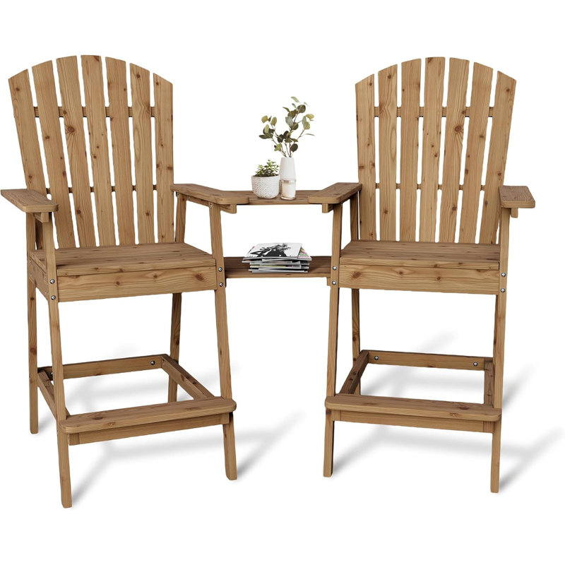 Set of 2 Outdoor Adirondack Barstools with Connecting Tray, Tall Adirondack Chairs Bar Chairs for Deck, Balcony, Backyard, Patio Bar Stool Chair with High Back