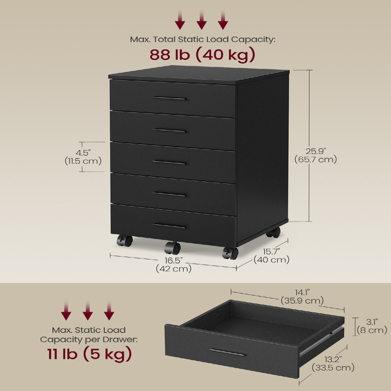 5 Drawers Filing Cabinet With Wheels, Black