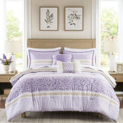Édredon en seersucker double / grand avec 2 taies décoratives assorties et coussins décoratifs - microfibre imprimée, trois motifs floraux, ensemble de literie 5 pièces en tissu froncé, broderie sur coussins,