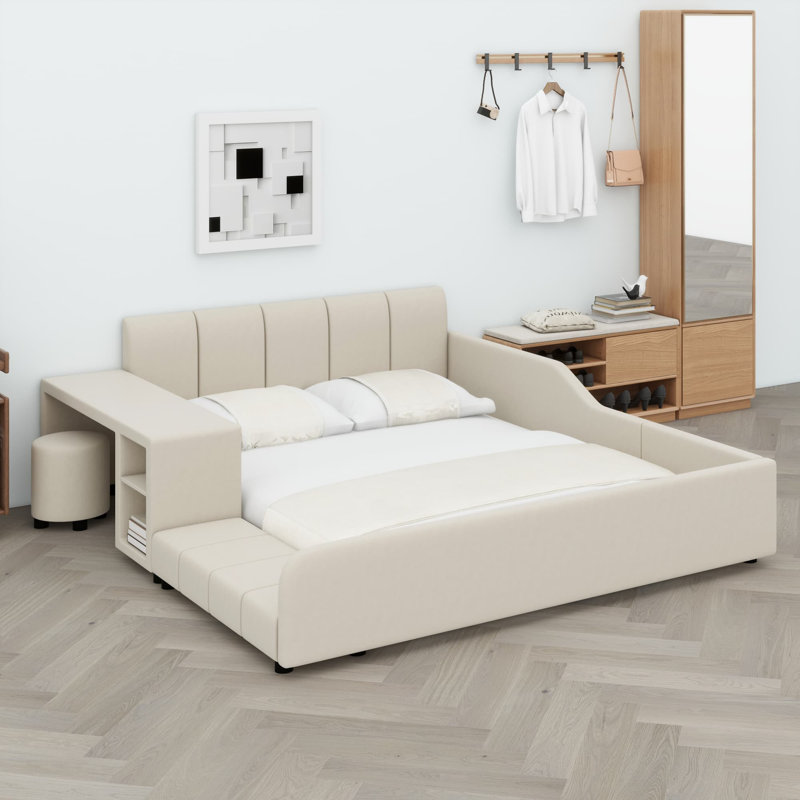 Lit tapissier au sol, lit d'enfant avec bureau de chevet et petit tabouret rond, Grand, Beige clair