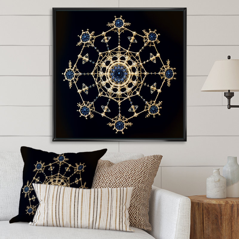 Cosmic Mandal en or et bleu sur toile, H 36 po x l 36 po, Cadre photo argenté