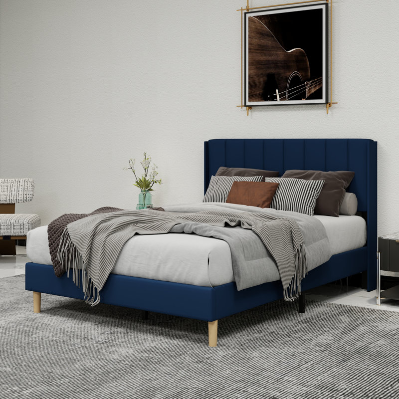 Lit plateforme tapissier avec tête de lit, Bleu, Complète