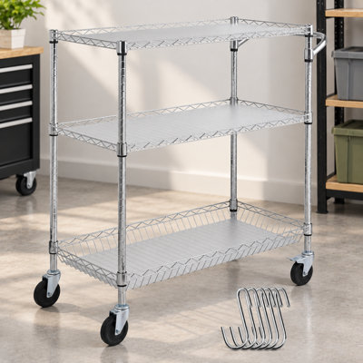 3-Tier Steel Service Cart on Wheels, 661 lbs Capacity Metal Utility Cart with Curved Handle, 6 Hooks and PP Liner