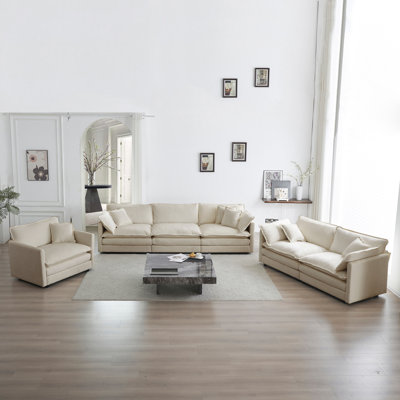 Modern Sofa Couch, 3 Piece Set Extra Deep Seat Sectional Sofa For Living Room, 3 Seat Sofa, Loveseat And Single Sofa, Beige Chenille