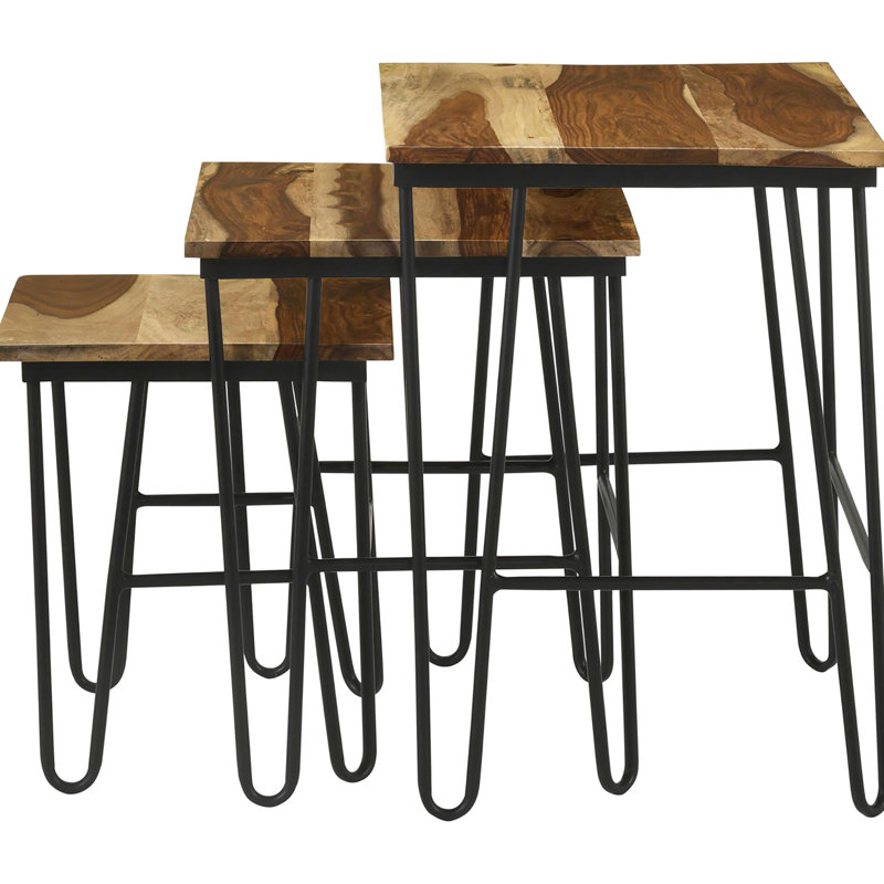Natural Wood Nesting Tables With Modern Iron Base Of 3 And Legs