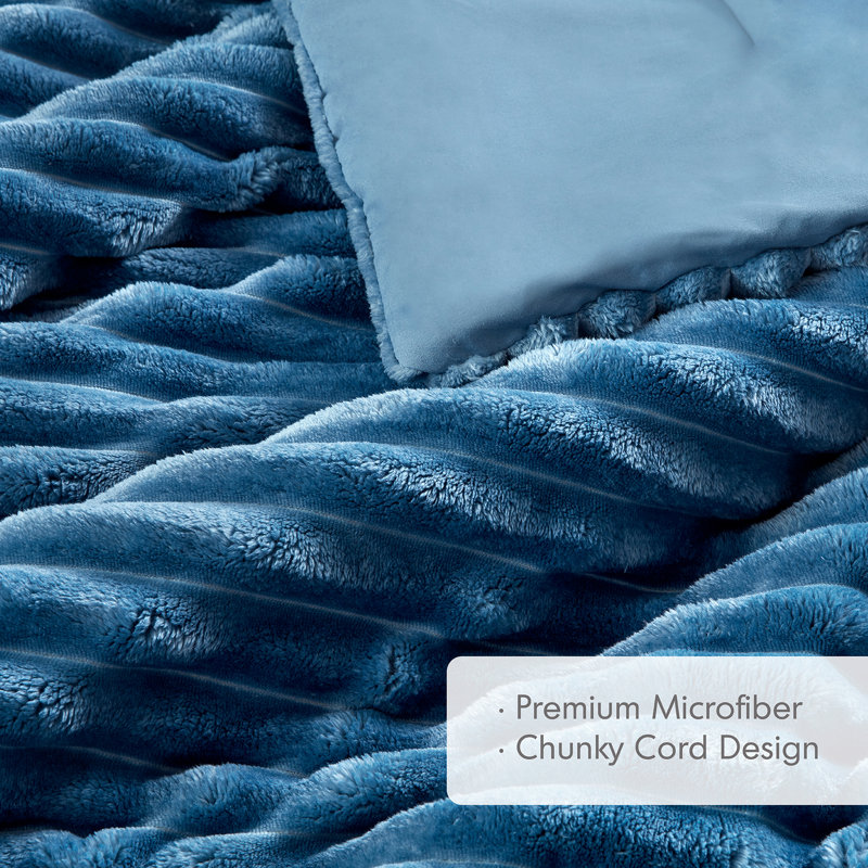 Avril Fluffy Ribbed Plush Comforter Set, Blue, King Comforter + 2 King Shams