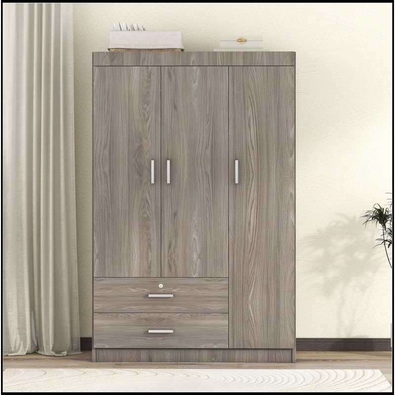 Armoire 3 portes avec 2 tiroirs, effet grain de bois gris, Gris