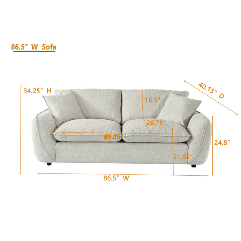 Canapé rembourré l 86,5 po avec 2 coussins et coussin de siège rembourré en duvet, Gris clair