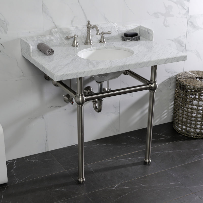 Kingston Brass Pemberton 36-Inch Carrara Marble Console Sink with Brass Legs (8-Inch, 3-Hole), Marble White/Brushed Nickel