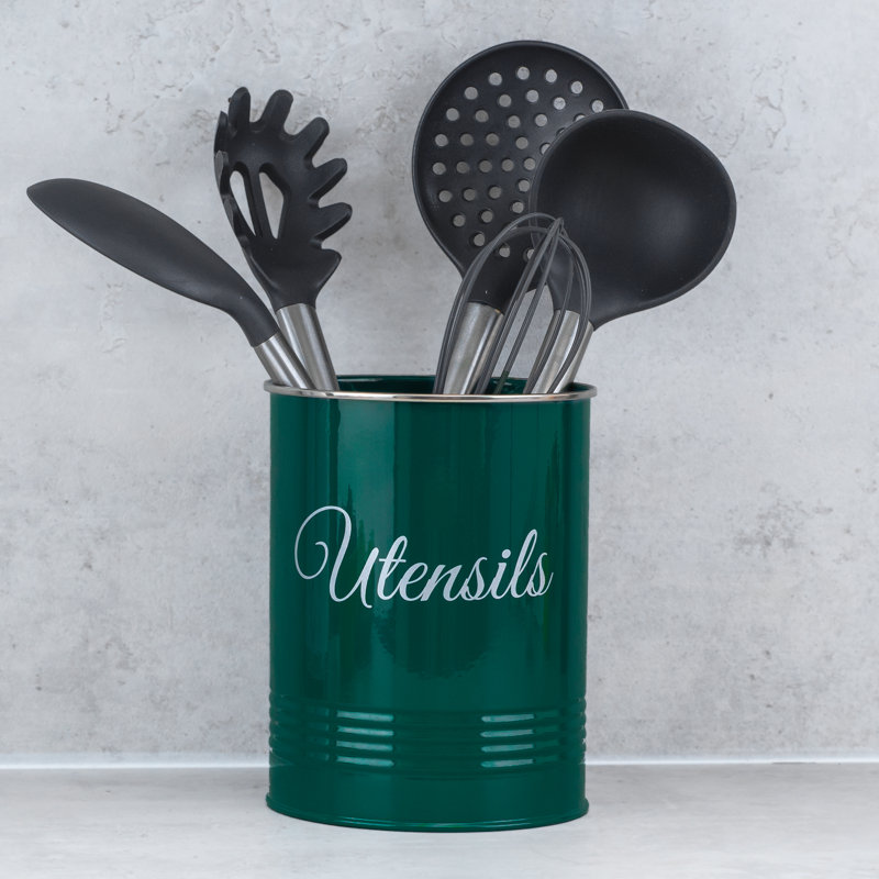 Metal Round Utensil Crock, Green