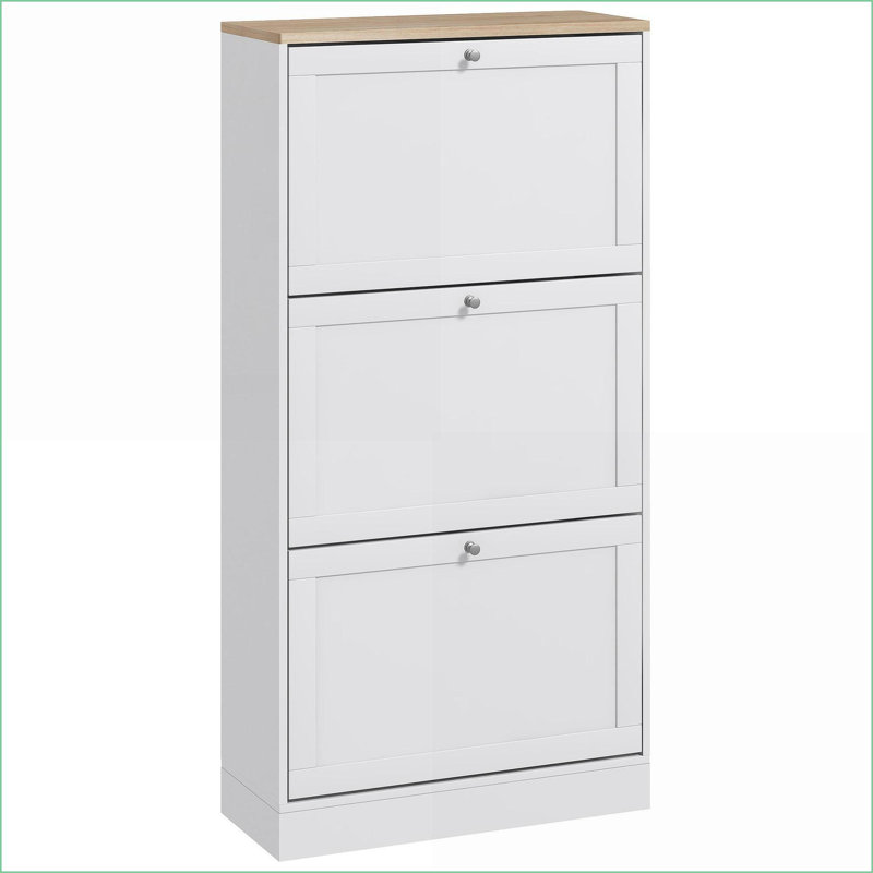 Armoire à chaussures, armoire à chaussures étroite blanche avec 3 tiroirs rabattables, tablettes réglables, peut contenir 18 paires de chaussures | Moderne | Panneau de particules