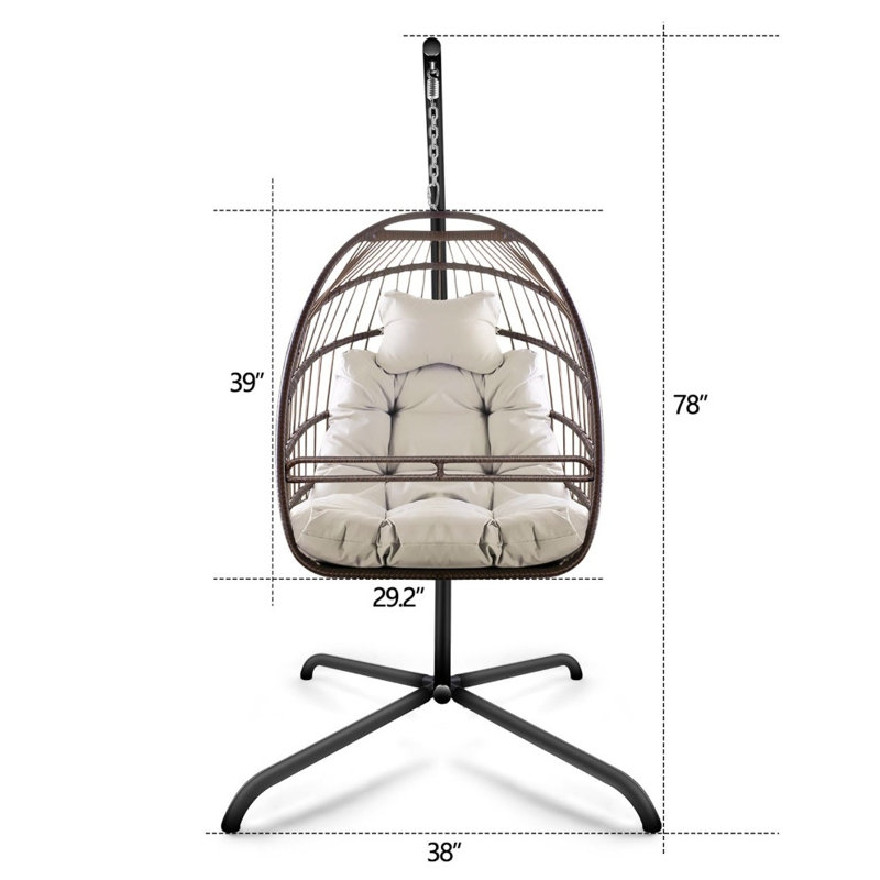 Folding Swing Egg Chair with Stand - Wicker Rattan, C-Type Bracket, Cushion, Pillow & Special Cup Holder