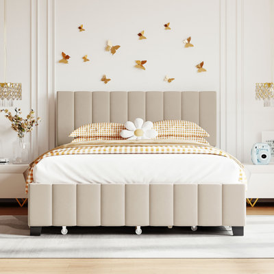 Queen Size Velvet Upholstered Platform Bed With 2 Drawers And 1 Twin XL Trundle- Beige -  Everly Quinn, 9DEDA32E0E534D51A2E5B33C72B928FC
