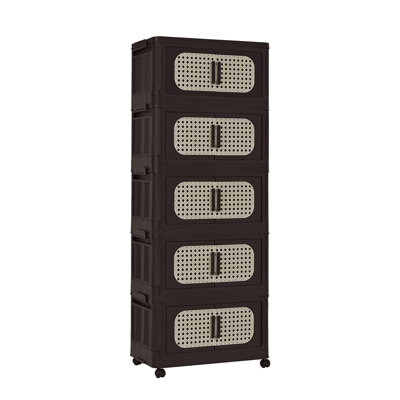 Retro Style 5-Tier Wide Folding Storage Cabinet with Magnetic Doors and Wheels