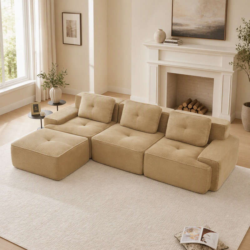 Canapé d'angle modulaire moderne en forme de L de 297 cm (117 pouces) pour salon, tissu velours côtelé, canapé 3 places avec assise profonde et pouf amovible, passepoil nacré, design capitonné, livré monté, antidérapant, couleur camel