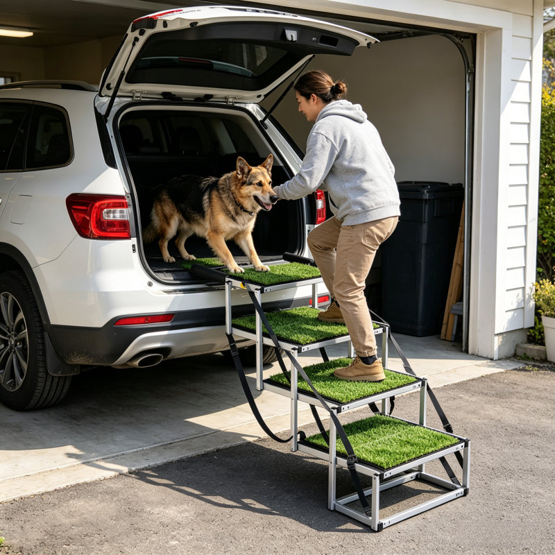 Escalier pliable en aluminium à 4 niveaux pour animaux de compagnie, rampe d'accès robuste et portable pour chiens avec surface antidérapante en gazon artificiel et rampes latérales pour lits hauts, voitures, VUS et camions
