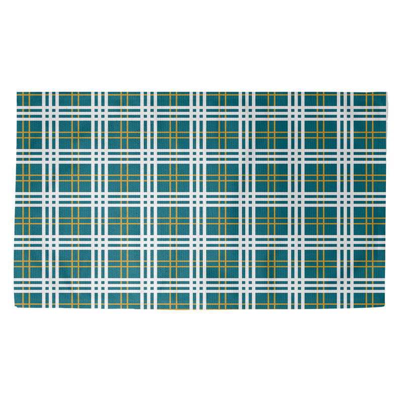Tapis décoratif bleu sarcelle/jaune/blanc fait à la main plaid, Rectangle 3 pi x 5 pi