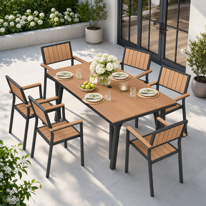 Chamblee Nika Outdoor 7-Piece Dining Set, Aluminum Alloy,Suitable For Patio Gatherings, 6, Teak