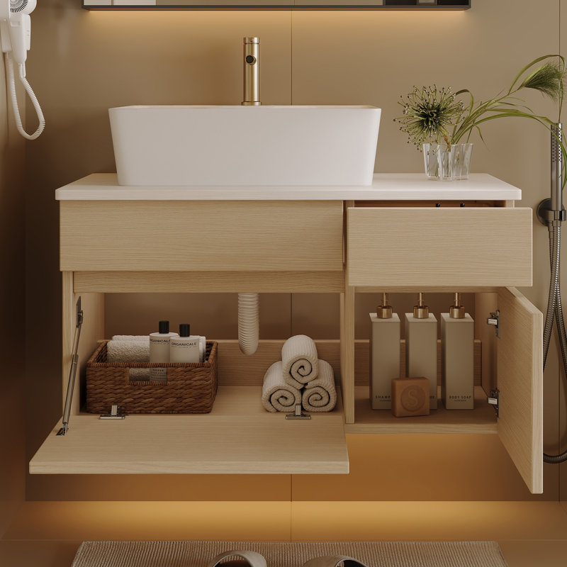 31.5" Wall Mounted Modern Wood Grain Floating Bathroom Vanity Set, Wood