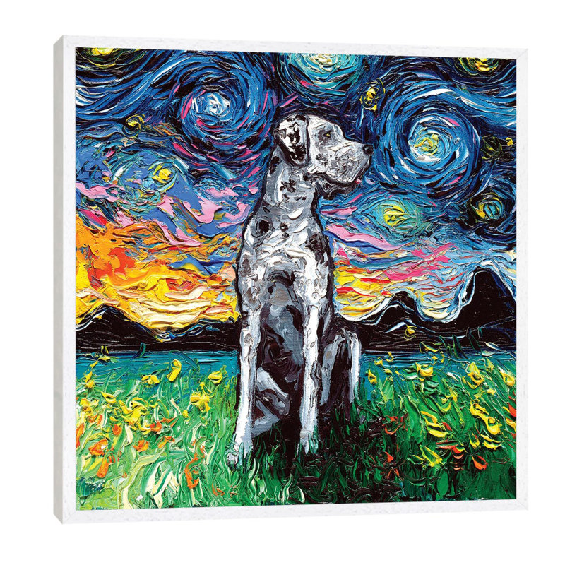 Merle Great Dane Night by Aja Trier - Painting on Canvas, 66.04 cm H x 66.04 cm W, White Floater Framed
