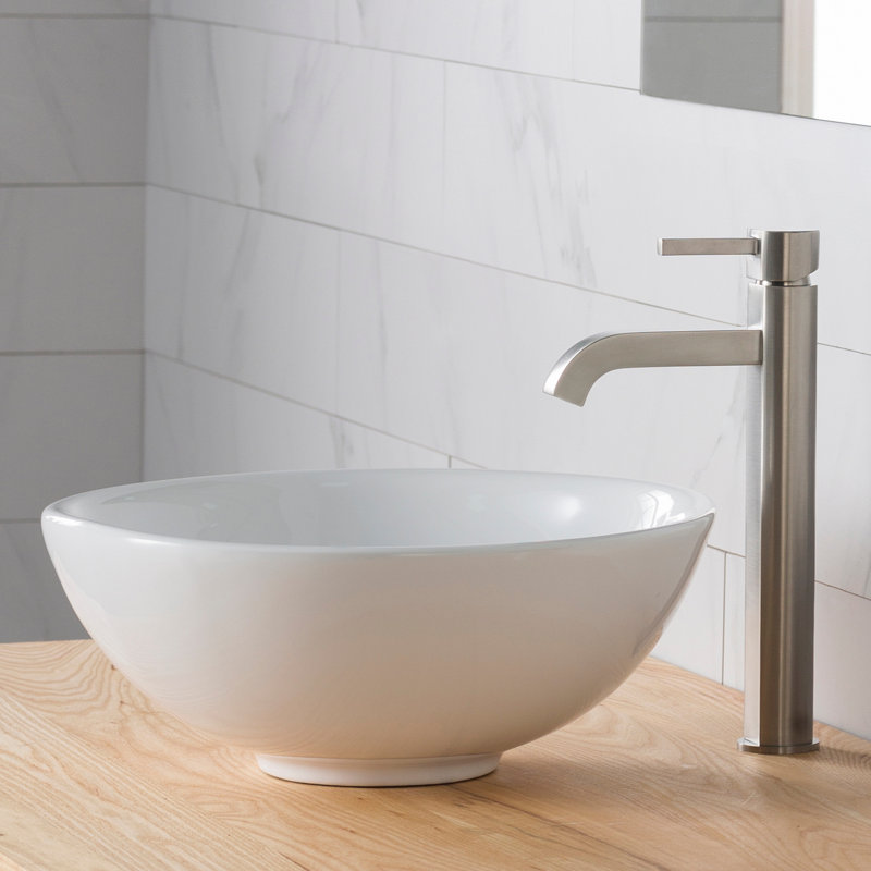White Ceramic Round Vessel Sink with Satin Nickel Faucet
