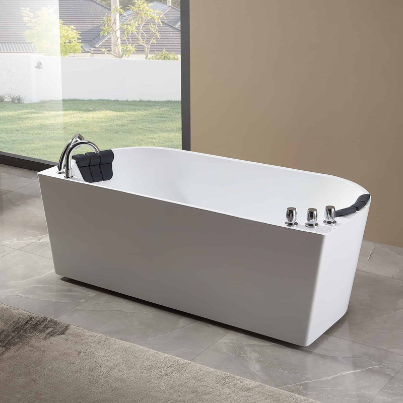 59'' White Acrylic Freestanding Whirlpool Bathtub with Faucet