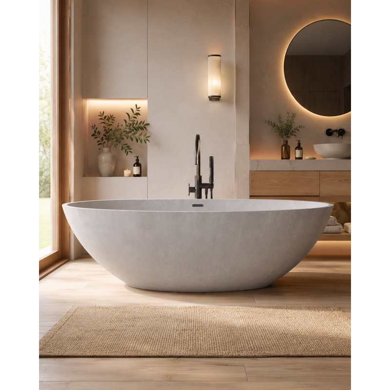 Vast Studio 74.8" x 39.8" Freestanding Tub, Modern Oval Deep Soaking Cement BathTub, Spa-Inspired Luxury Bathtub for Contemporary Primary Bathroom