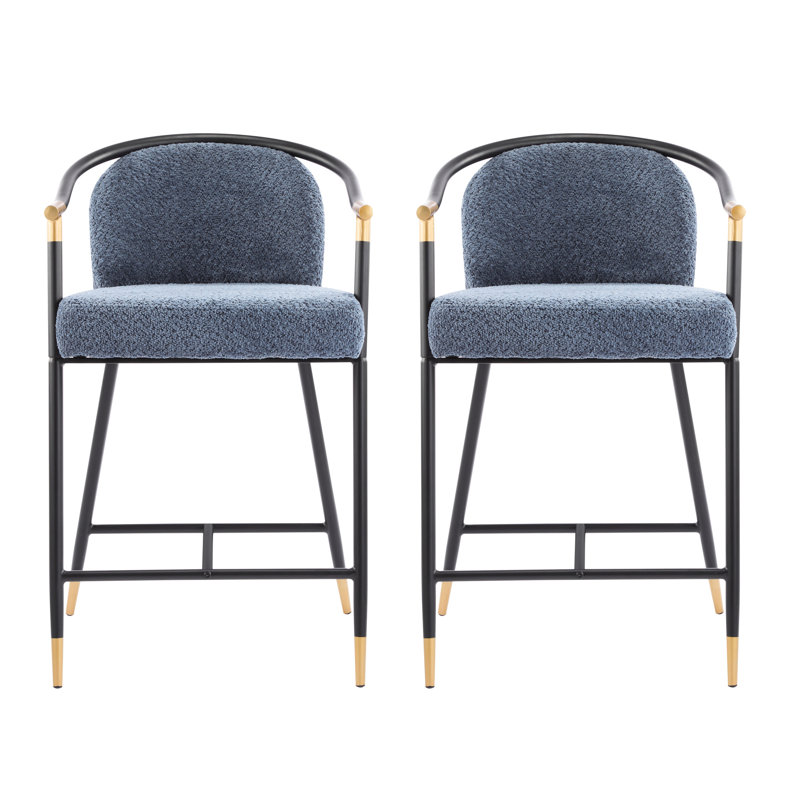 Ensemble de 2 tabourets de bar bleu marine rembourrés de 66 cm de haut avec piètement noir - Design moderne, confort et fonctionnalité. Garniture dorée et structure en fer. Style contemporain. Montage rapide.