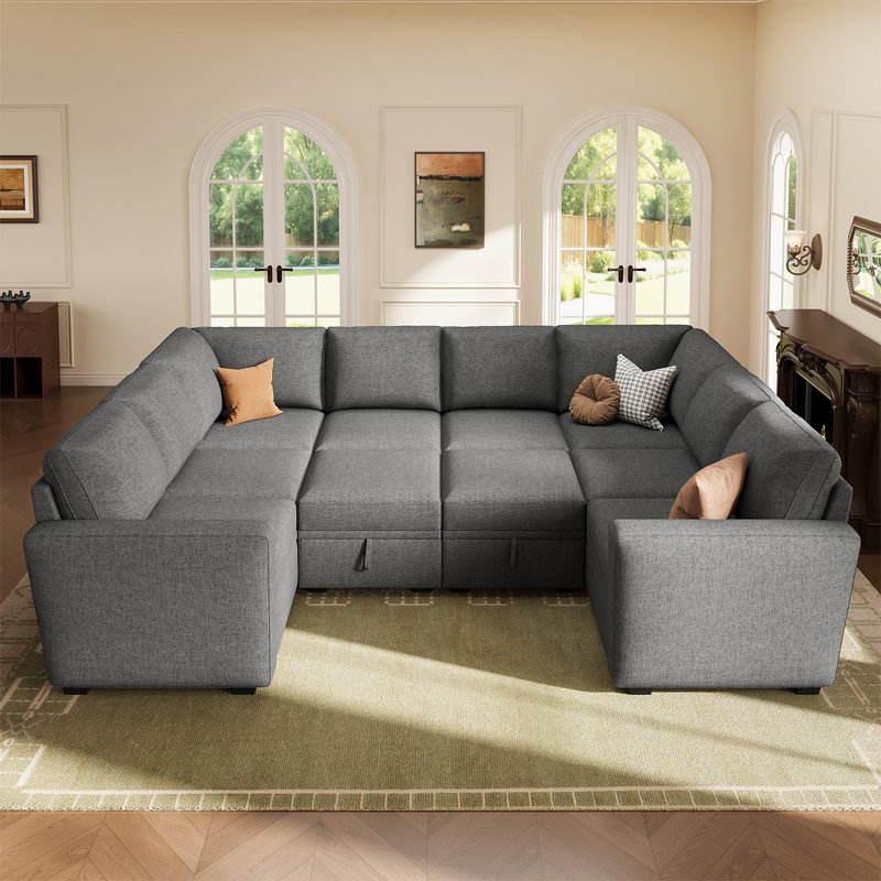 Abramson U Shaped Sectional Sofa With Storage, Gray Polyester