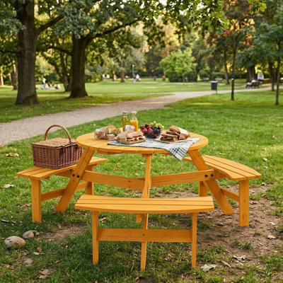 Anamur 66.9'' Outdoor Picnic Table with 3 Integrated Benches, Round Outdoor Table with Umbrella Hole