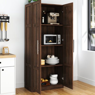 Freestanding Pantry Cabinet With 2 Doors And 3 Shelves, Extra Large Storage Space, Adjustable Shelves For Customized Storage, Suitable Home Office, 15Mm Particle Board Construction, Walnut Main