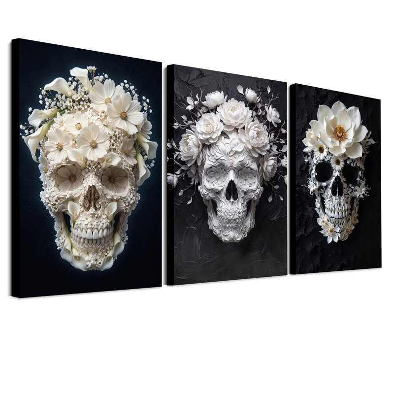Triptyque floral blanc et crâne sur fond sombre, ensemble de 3 toiles murales pour l'Halloween, 18"H x 12"W x 3pcs