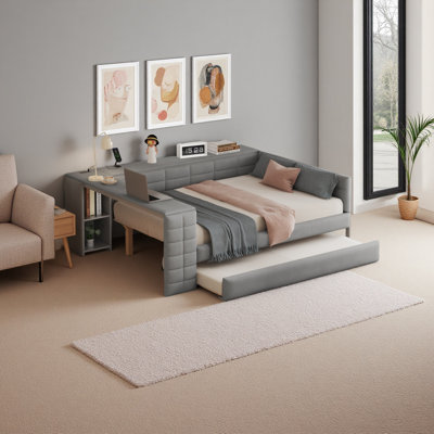 Lit plateforme double tapissier pleine grandeur avec tablettes de rangement, bureau, station de charge et lit gigogne
