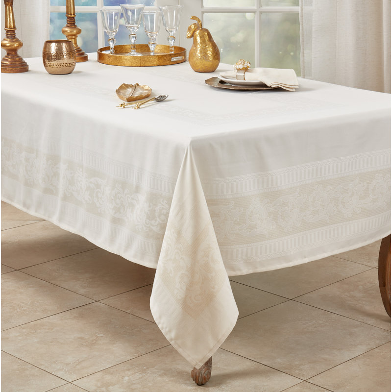 Elegant Ecru Jacquard Floral Polyester Tablecloth, 65" x 90"