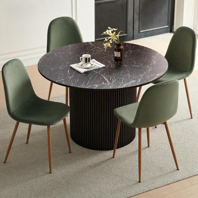 Dining Table Set for 4, Mid Century Modern 47 Inch Black Marble-Look Wooden Round Dining Table Set, Space Saving (Table + 4 Green Chairs)