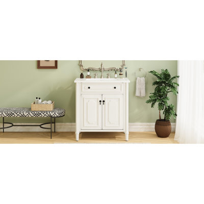 Meuble-lavabo de 31 po avec portes à fermeture douce, conception de faux tiroir et cadre en bois d'hévéa pour une finition blanche antique