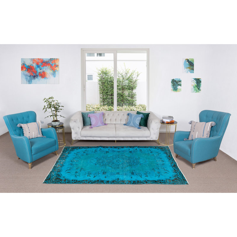 Tapis contemporain noué à la main 5,4 x 8,8 pi. Tapis turc en laine bleu sarcelle