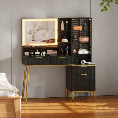 Modern Makeup Vanity Desk with Lighted Mirror and Built-in Power Outlet, Fluted Glass Top Vanity Table for Bedroom by Wrought Studio