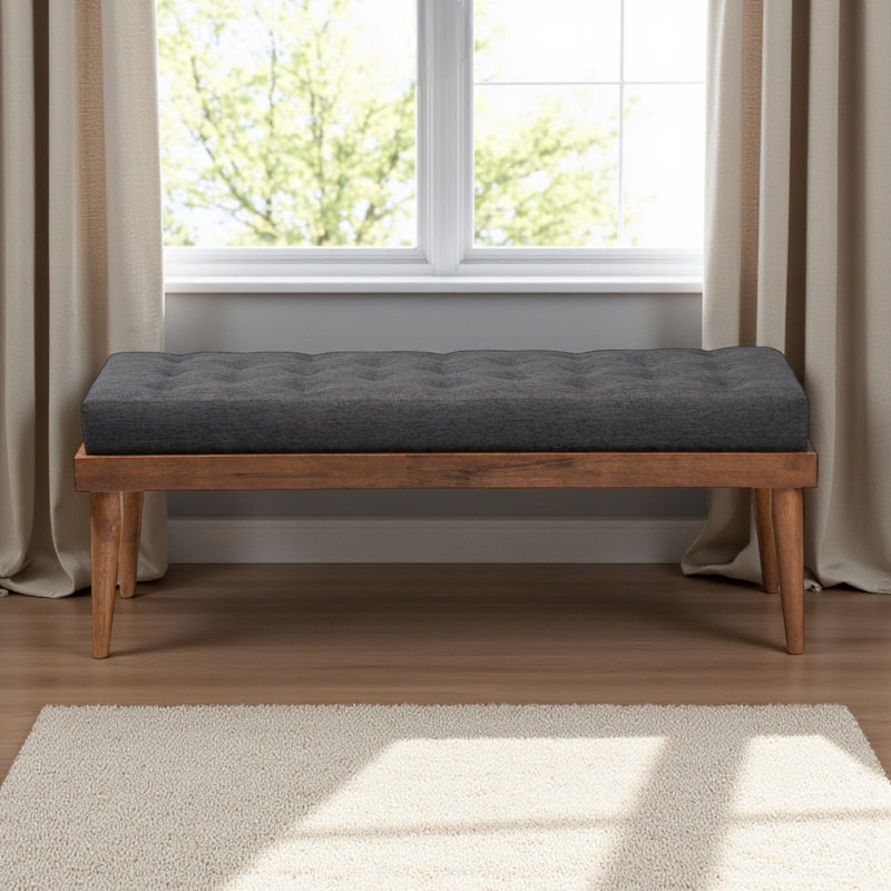 Flynn Dark Grey Fabric Upholstered Button Tufted Wood Bench, 17.2" H X 47.02" W X 17.37" D