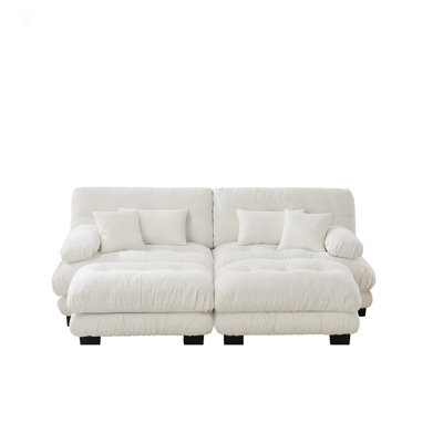 Cloud Couch Sleeper Sofa For Living Room, Chenille 2 Seater Sofa With 2 Lumbar Pillows And 2 Throw Pillows , Upholstered Wide Arm Sofa With 2 Ottomans,Chenille White