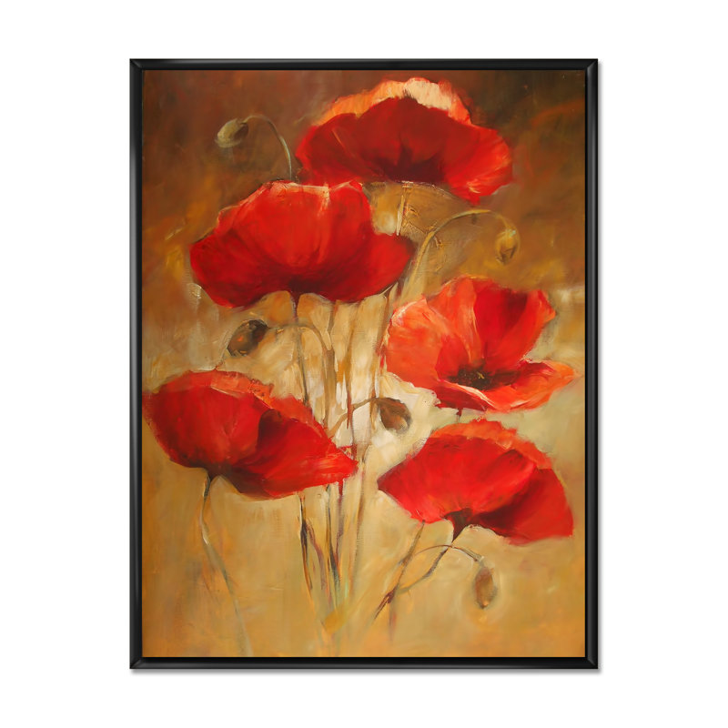 «Vintage Red Popies», peinture sur toile traditionnelle, H 32 po x l 16 po x P 1 po, Toile avec cadre flottant noir