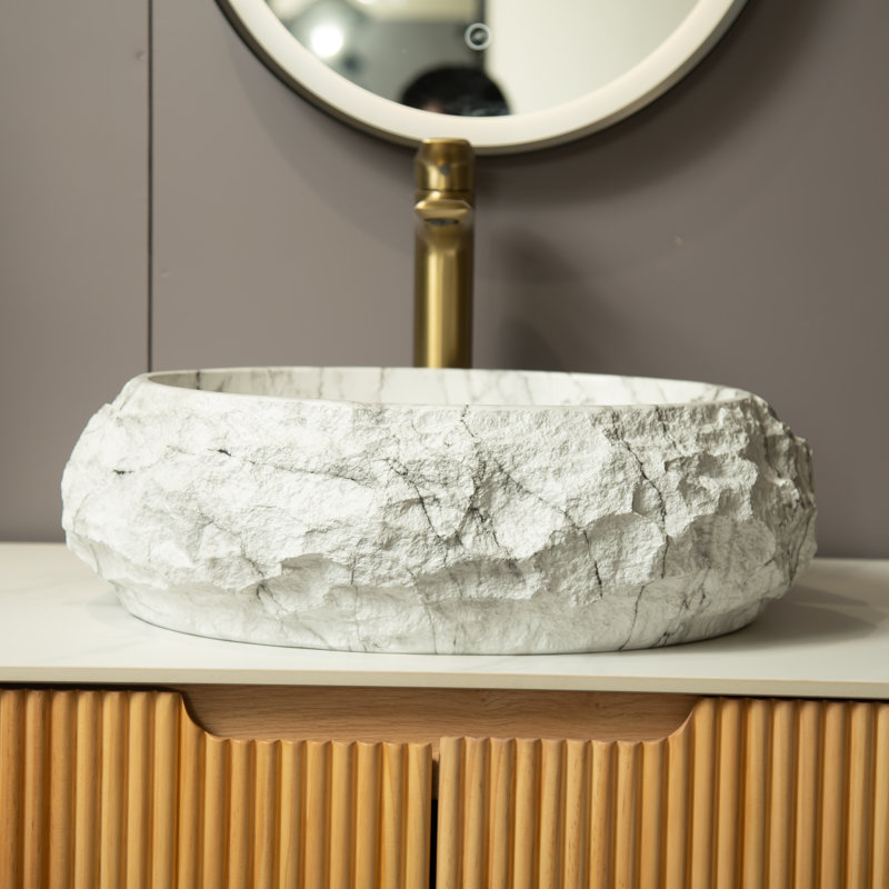 20" Bathroom Sink Irregular Oval Resin Vessel Basin With Stone Pattern Artistic Style Sink NO Faucet, Ivory