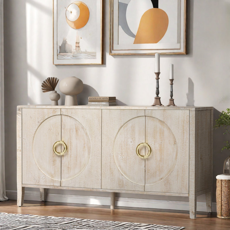Sophisticated Sideboard With Embossed Texture, Round Handles And Built-in Circular Pattern, Natural