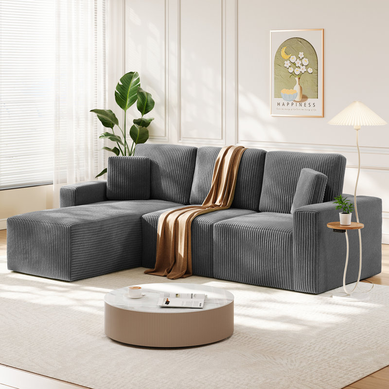 3 Seater Corduroy Sofa & Chaise, Grey