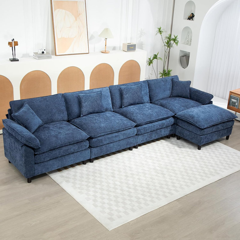 Upholstered L-Shape Sectional With Ottoman, Blue Chenille, 34.6" H x 146.5" W x 57.8" D
