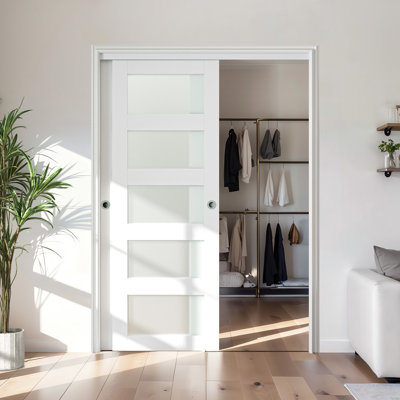 5-Lite 80" Frosted Glass Sliding Closet Doors With Installation Hardware Kit