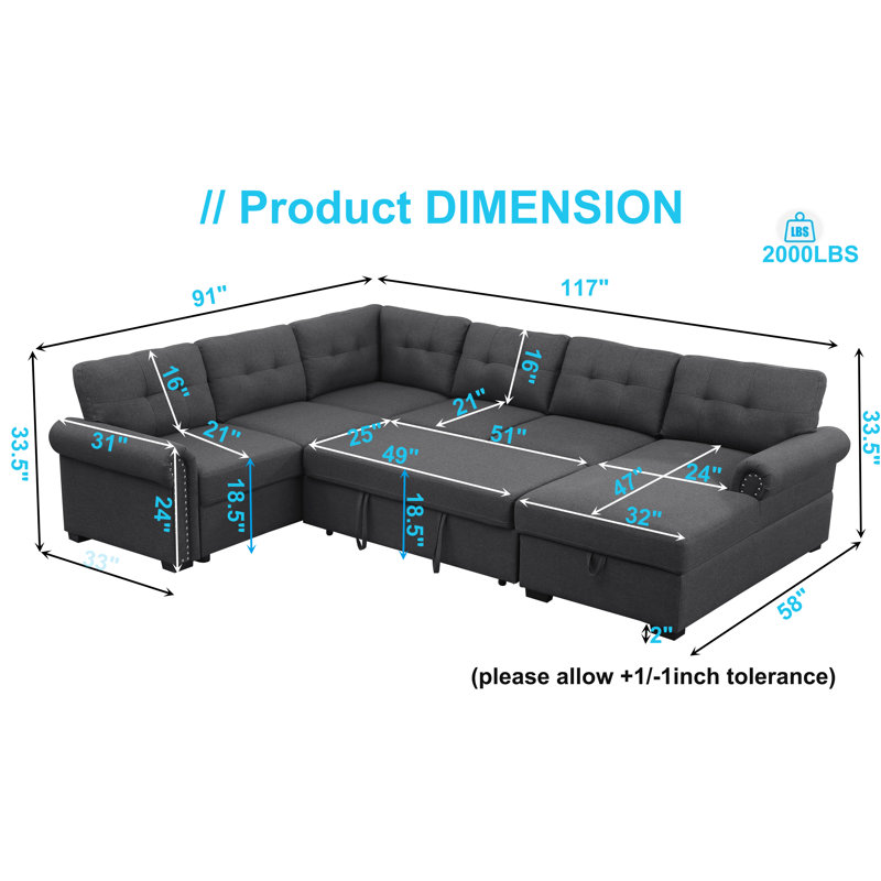 Nazlije Upholstered Pull-Out Sleeper Sectional Chaise with Storage, Dark Gray Polyester